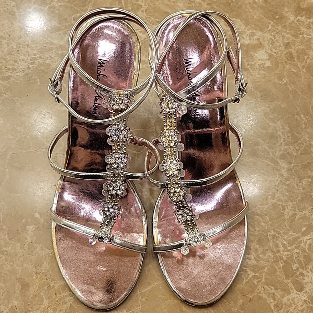 Michael Antonio Bedazzled Ankle Strap Silver Heeled Sandals, Sz 8